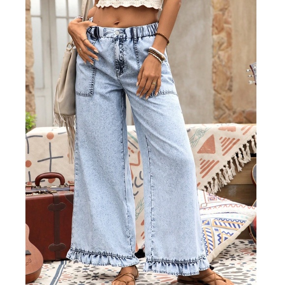 Light Wash Stretchy High Waist Ruffle Wide leg Denim Jean Pants